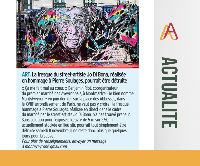 ART : Article paru dans Centre Presse 7 novembre 2023 - Fresque en hommage à Pierre Soulages ART : Article paru dans Centre Presse 7 novembre 2023 - Fresque en hommage à Pierre Soulages
