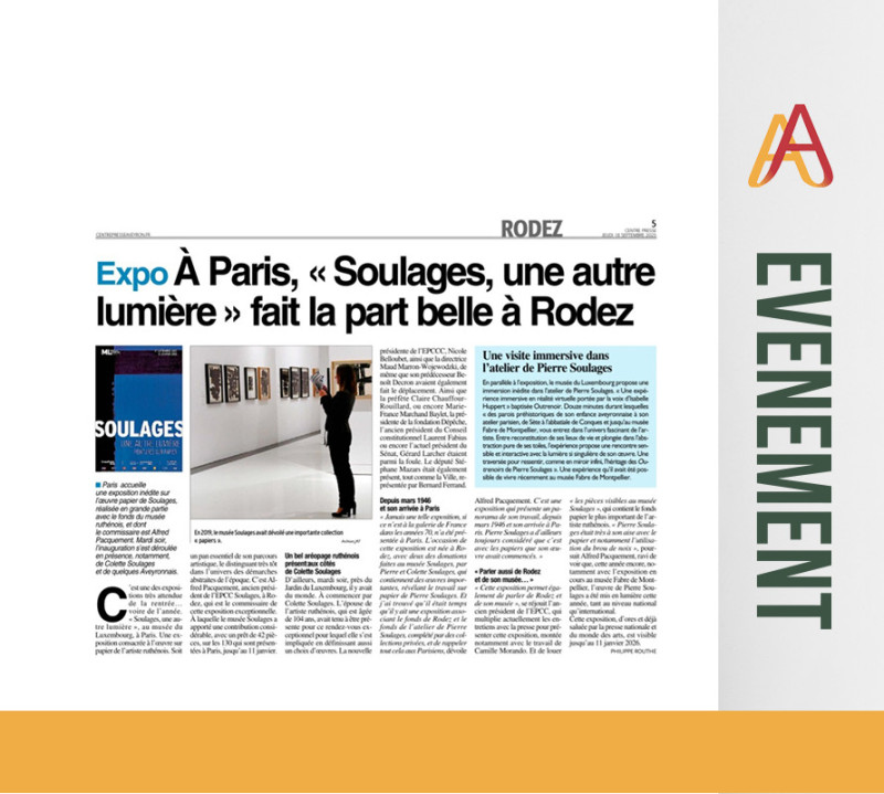 Exposition Soulages au Musée du Luxembourg  du 16 septembre 2025 au 11 janvier 2026 - Article Centre Presse du 18 septembre 2025
