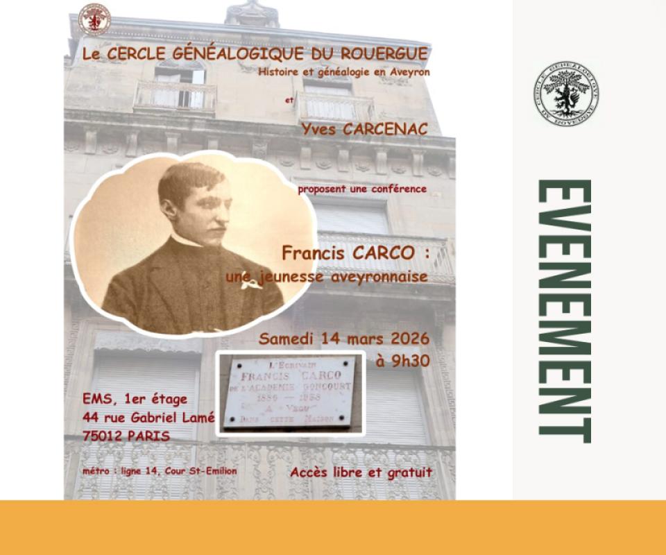 14 mars 2026 - Conférence Francis CARCO : une jeunesse aveyronnaise par Yves CARCENAC