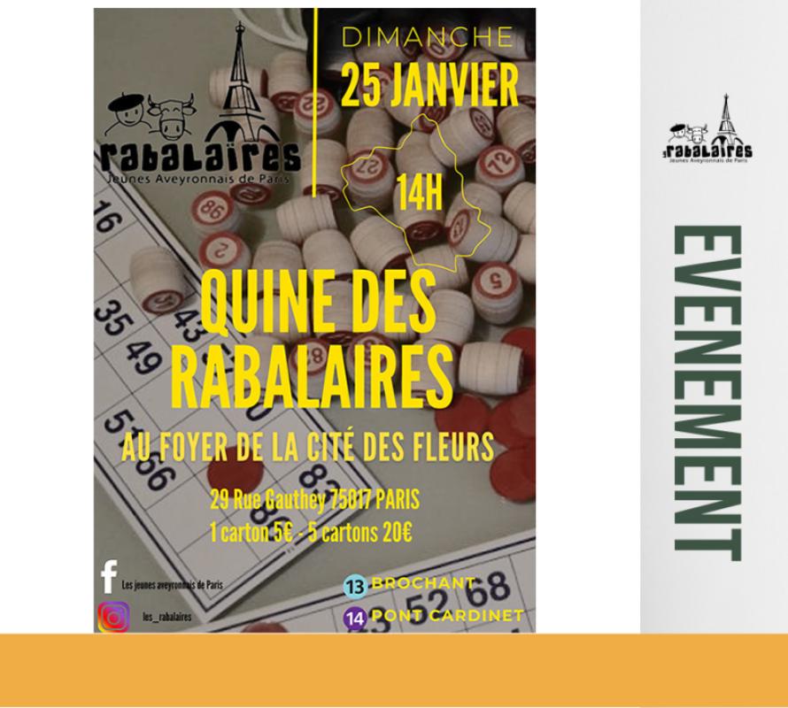25 janvier 2026 : QUINE des RABALAIRES à 14h au Foyer de la Cité des Fleurs 75017 Paris
