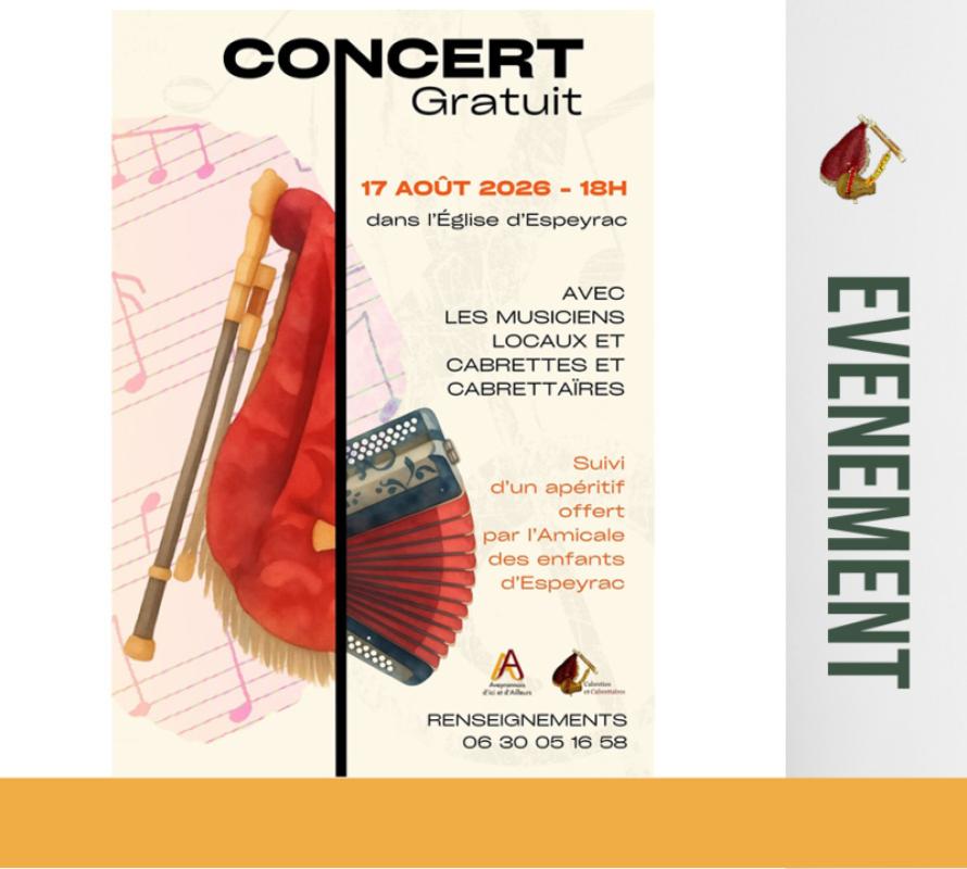 17 août 2026 : Cabrettes et Cabrettaires : concert gratuit Eglise d'Espeyrac à 18h