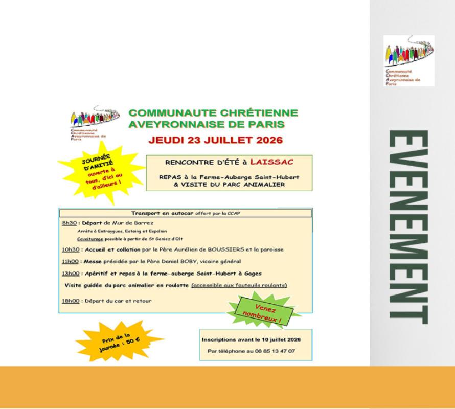 23 juillet 2026 - Communauté Chrétienne des Aveyronnais de Paris (CCAP) - Rencontre à Laissac